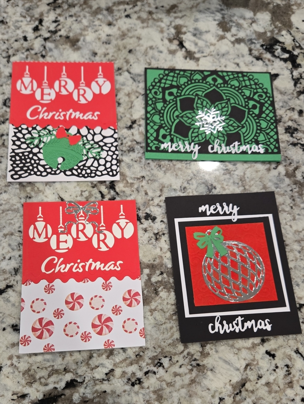 Hand Crafted Christmas Card Set Of 4 - Red, Green, Black